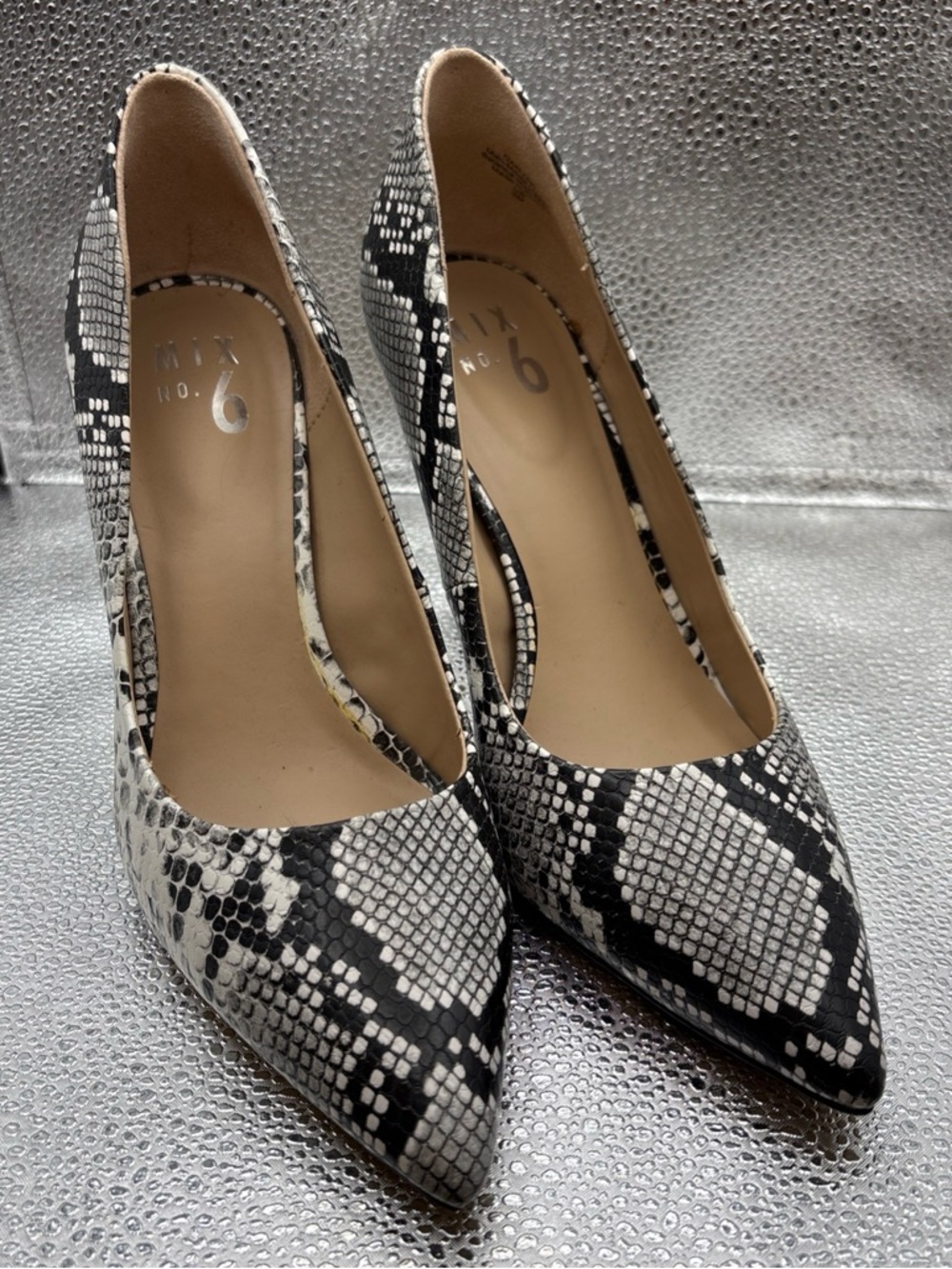 Mix No. 6 Black and White Snake-Print Pointed Toe Heels